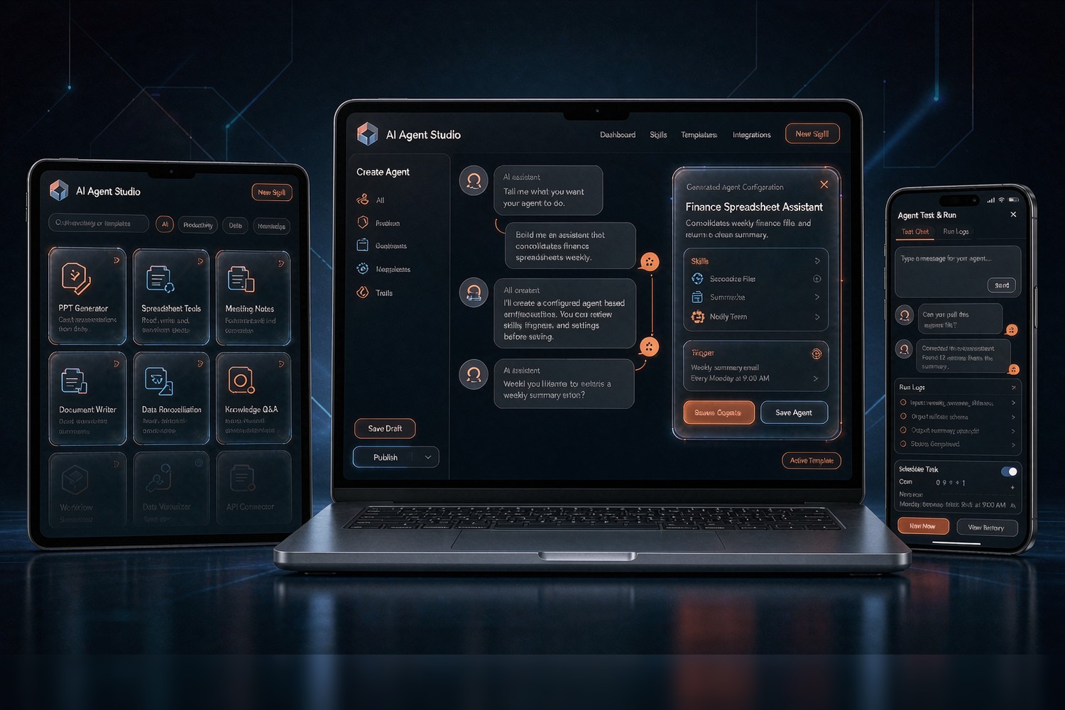 Flamingo Tech AI Agent Builder three screens: conversational agent creation, skill library with PPT Generator and Spreadsheet Tools, agent test run with scheduled tasks