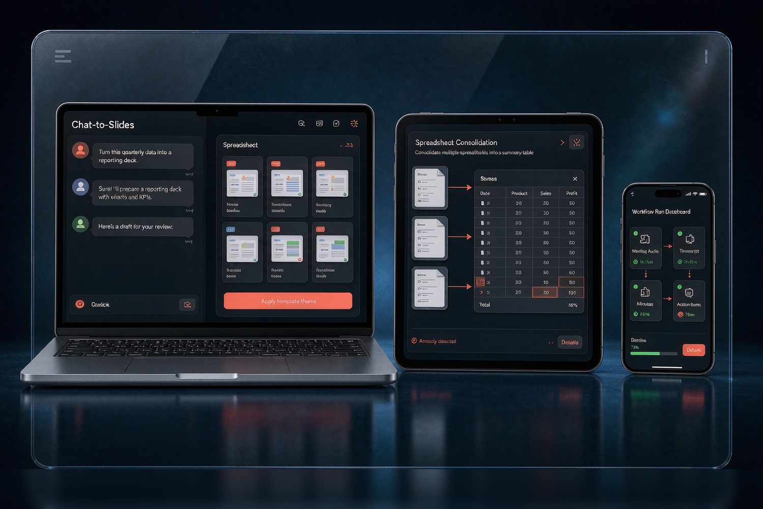 Flamingo Tech AI office workbench three screens: chat-to-slides deck generation, multi-sheet consolidation with anomaly highlights, workflow dashboard from meeting audio to action items