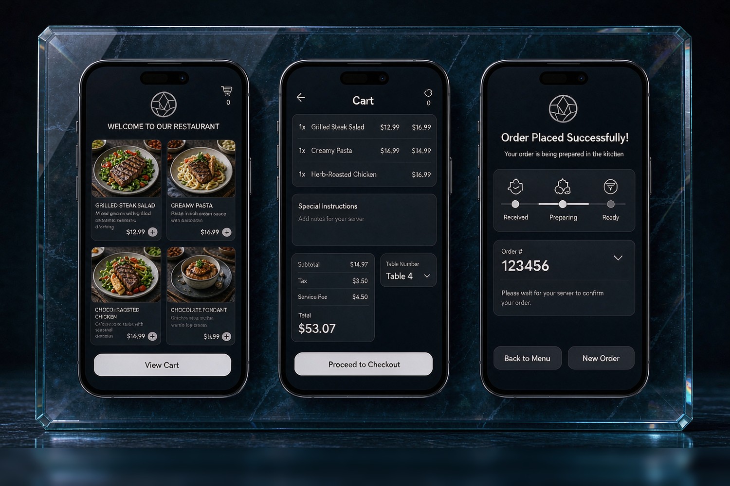 Flamingo Tech Restaurant mini program three screens: featured menu, table cart, order confirmation with table QR