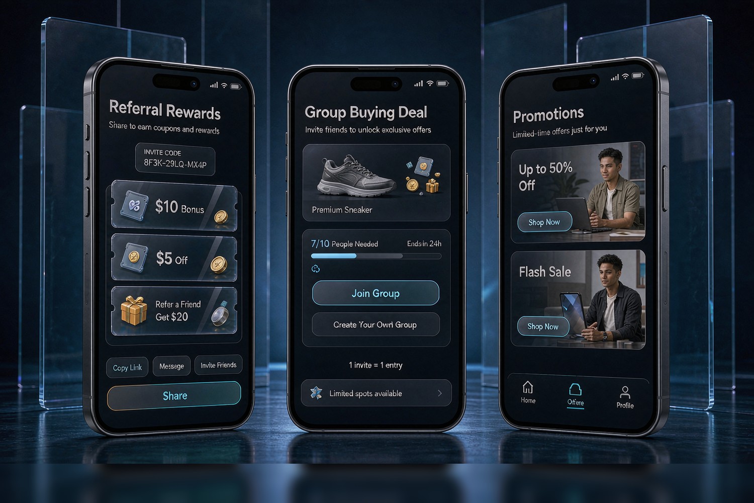 Flamingo Tech On-Demand Home Service marketing screens: flash sales, coupon centre, top-up and points mall