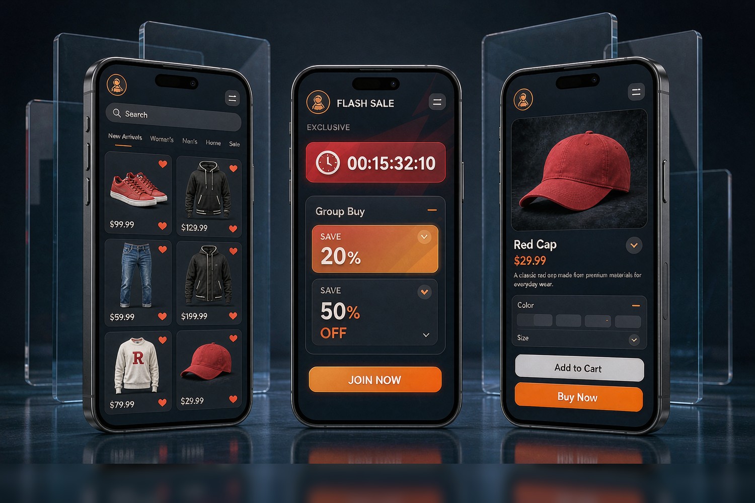 Flamingo Tech New Retail Mall order terminal three screens: shift calendar, incoming orders, commission withdrawal