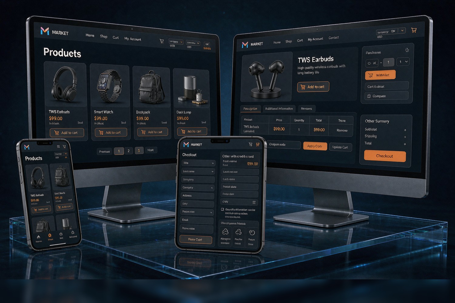 Flamingo Tech independent store three screens: product listing, detail with cart, international checkout