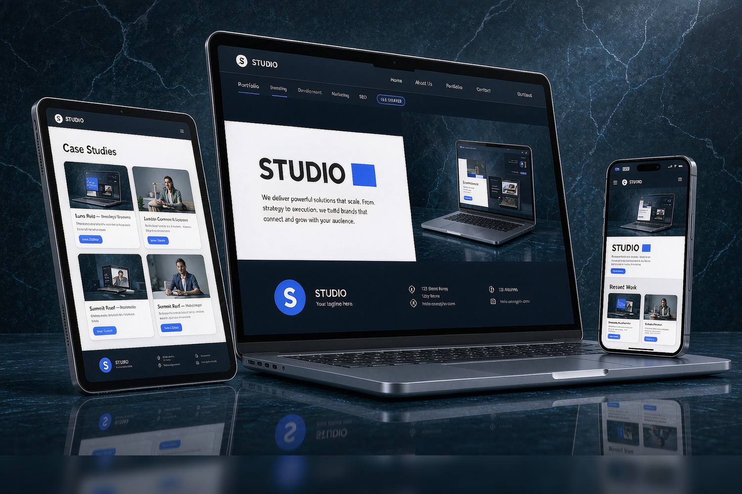 Flamingo Tech Website Builder three screens: brand homepage, product case page, mobile multilingual site